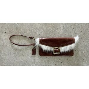 Coach Shearling Galaxy Chestnut Brown Leather Buckle Wristlet Wallet  HTF
